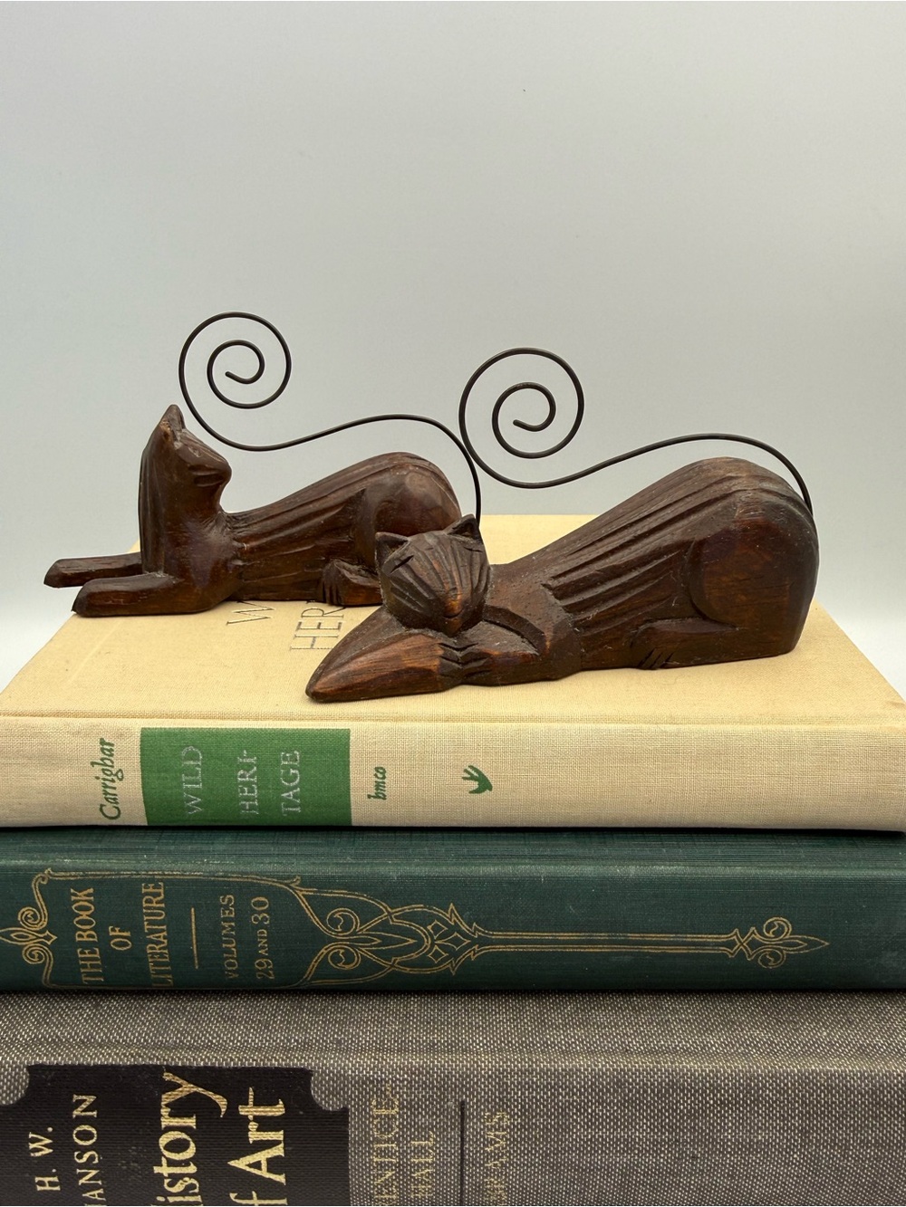 Set Of Vintage Carved Wood Cat With Wire Tail Letter Photo Holder. Dark Wood.